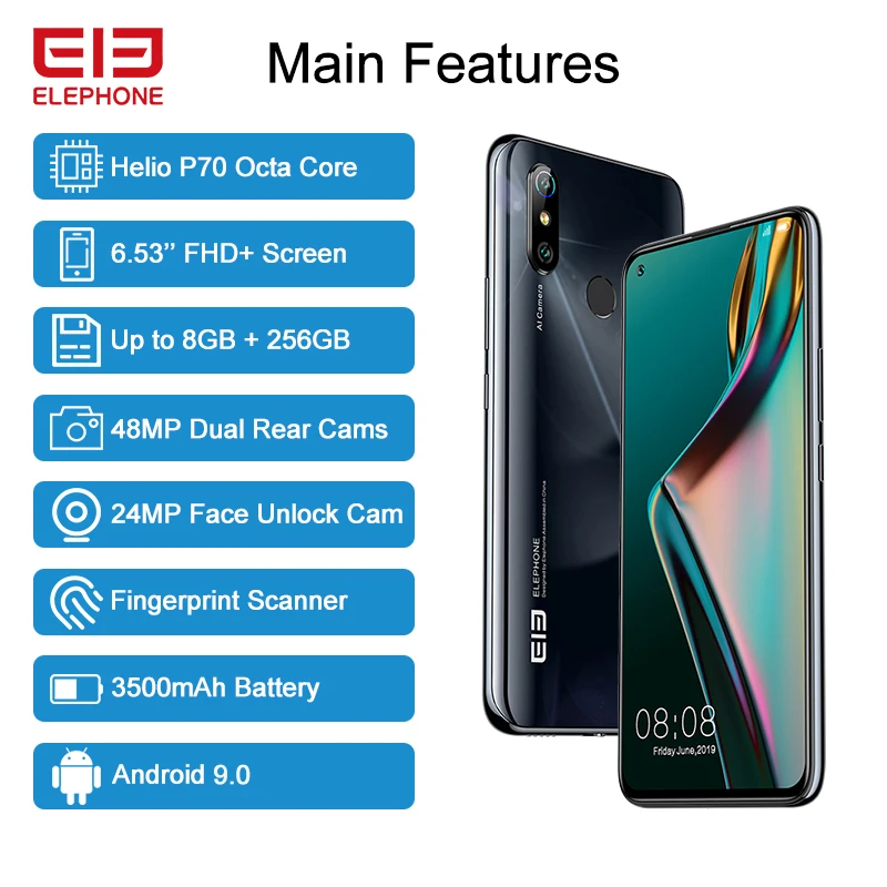 В наличии ELEPHONE U3H 8 Гб 256 Смартфон Helio P70 6 53 &quotFHD + 48MP двойная задняя камера 24MP