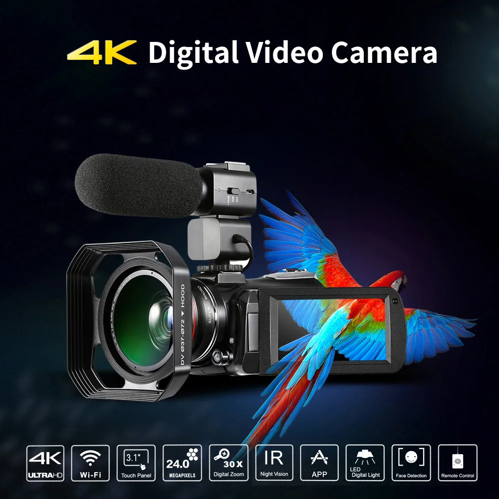 ORDRO AC3 4K 24MP WiFi Digital Video Camera Camcorder DV 3.1 Inch IPS LCD Touchscreen with 2*Batteries+Lens+Microphone+Lens Hood |