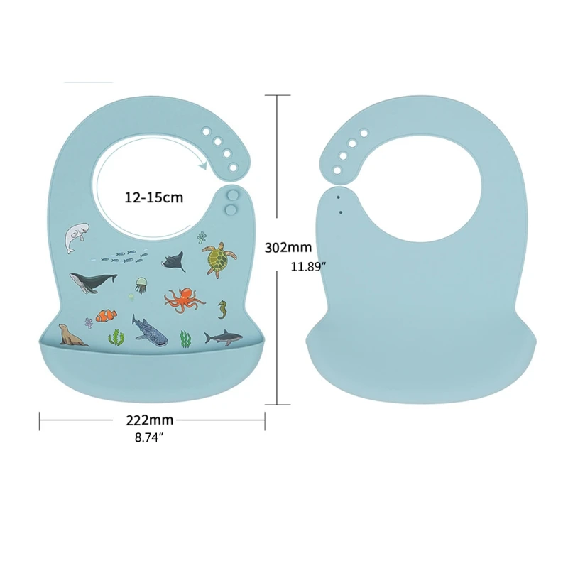 

50LE Baby Cartoon Waterproof Bibs Adjustable Apron Food Grade Silicone Newborn Feeding Food Catcher with Pocket