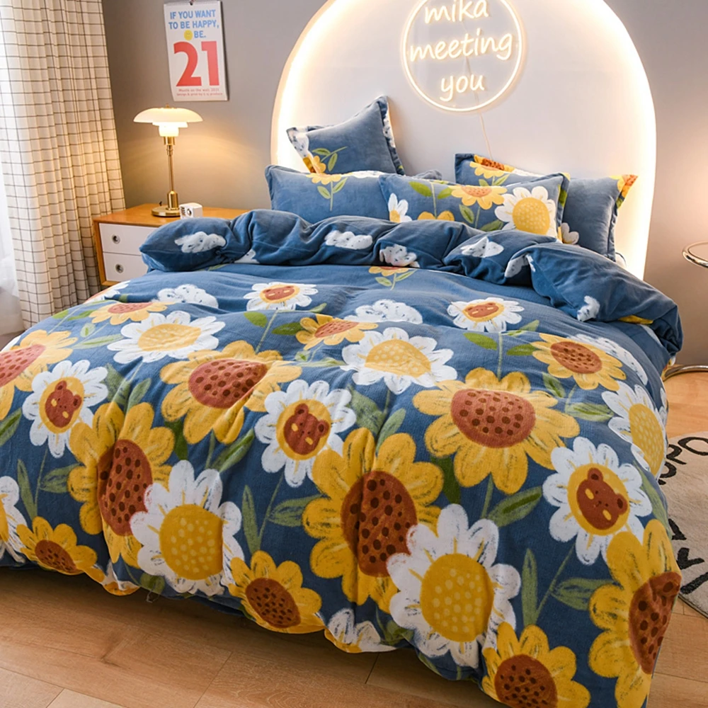 

Thicken Flannel Nordic Print Sunflower Warm Home Bedding Set 3/4PCS Velvet Duvet Cover Bed Sheet Pillowcases Soft Quilt Cover