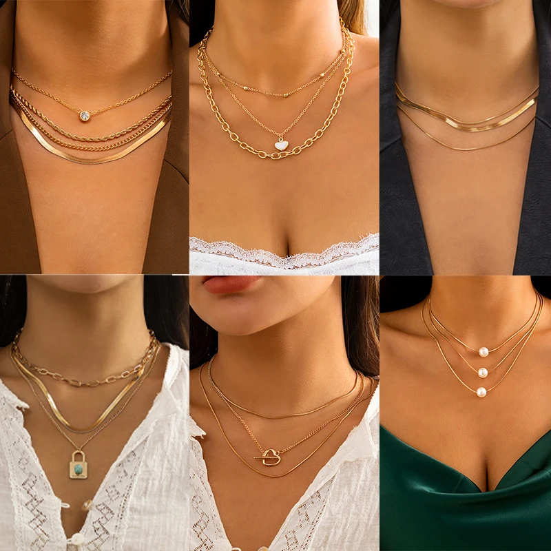 

New Punk Multi Layer Thin Snake Chain Choker Necklace For Women Geometric Heart Lock Pendant Simulated Pearls Collier Jewelry