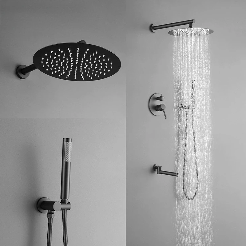 

Black Full copper wall type shower with dark decoration shower set with three functions round shower head shower