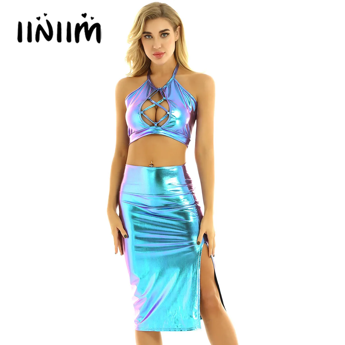 

Womens Shiny Metallic Rave Clubwear Hollow Out Backless Camisole Vest Crop Top with High Waist Side Split Midi Pencil Skirt