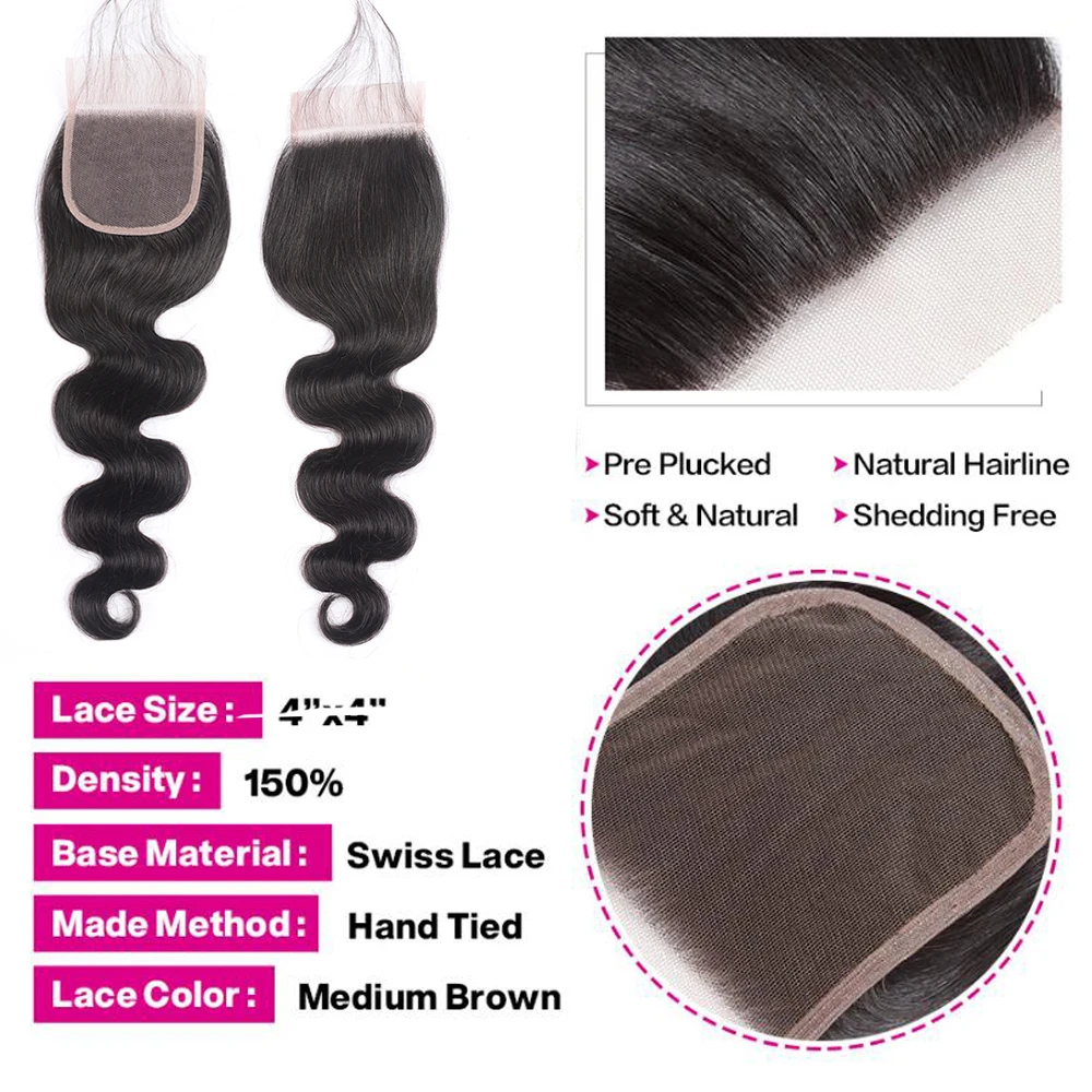 Объемная волна 3 пучка s с закрытием перуанские пучки волос Remy человеческие