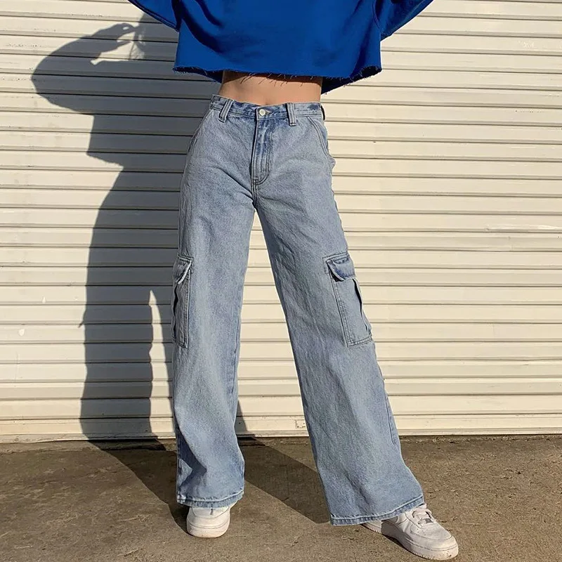 

2021New Fashion Pockets Patchwork High Waist Jeans Women Streetwear Straight Autumn Jean Femme Blue 100% Cotton Cargo Pants Y2K
