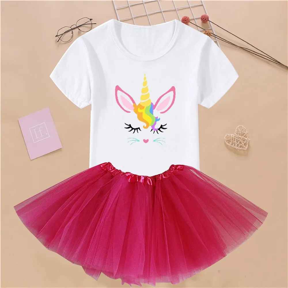 Детская одежда повседневный комплект из 2 предметов футболка с единорогом и юбка