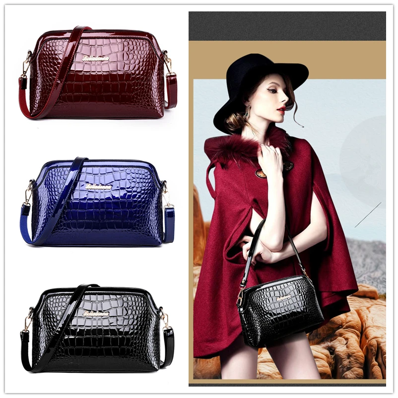 Крокодиловая лакированная кожа черная Модная Сумка ракушка женские сумки