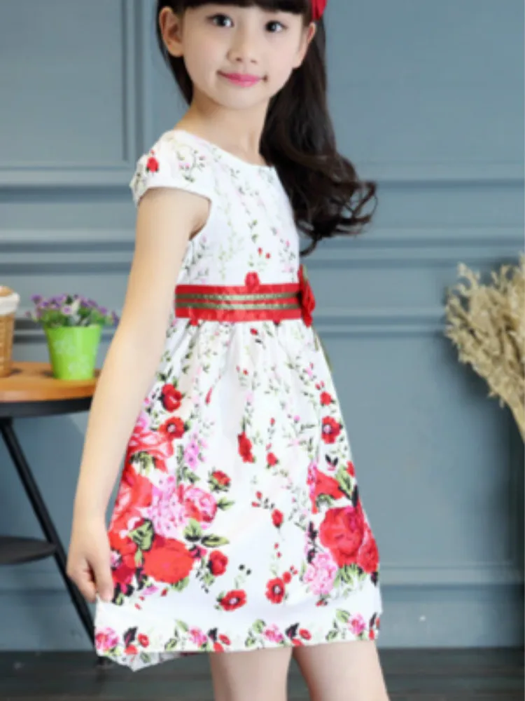 2021 Child Summer Girl Flower Print Dress Lace Children Party Princess Fashion Teens Clothes 4 6 8 10 12 Ages | Детская одежда и