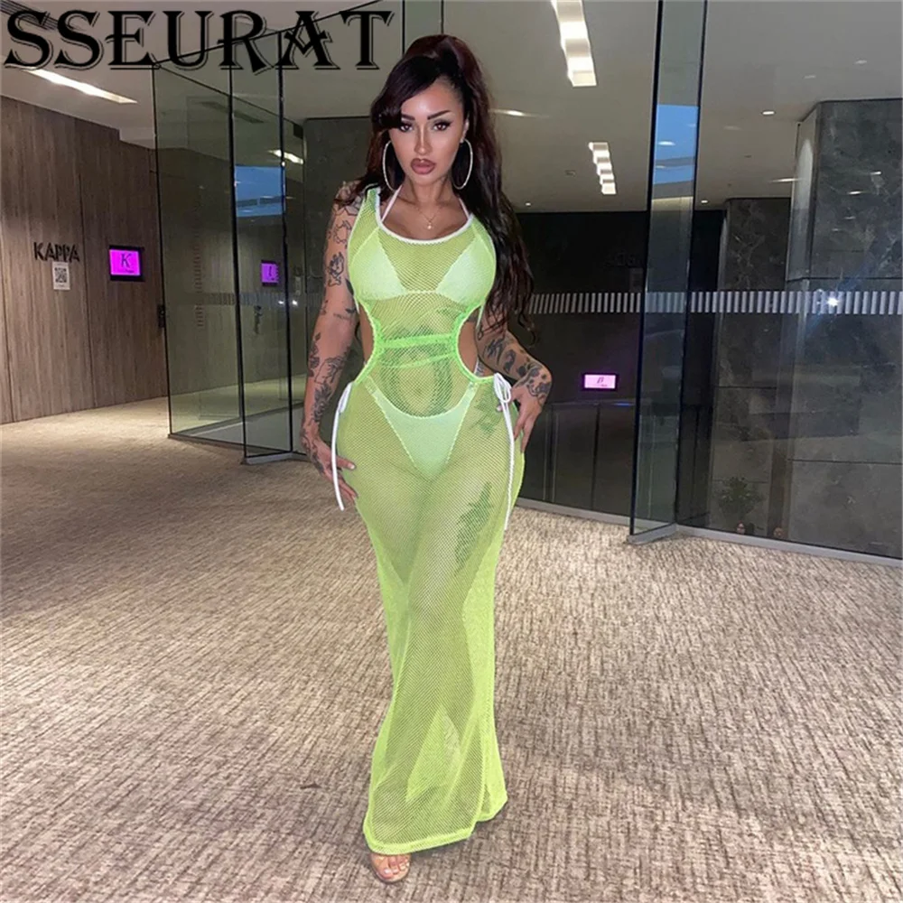 

SSEURAT Fashion Sexy See Through Mesh Solid Slim Skinny Long Dress Women Summer Streetwear Maxi Dress