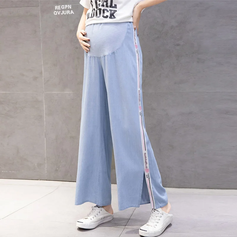 Wide Leg Loose Maternity Jeans Pregnant Women Spring Summer Adjustable Elastic Waist Cotton Pregnancy Maternity Clothes Trousers