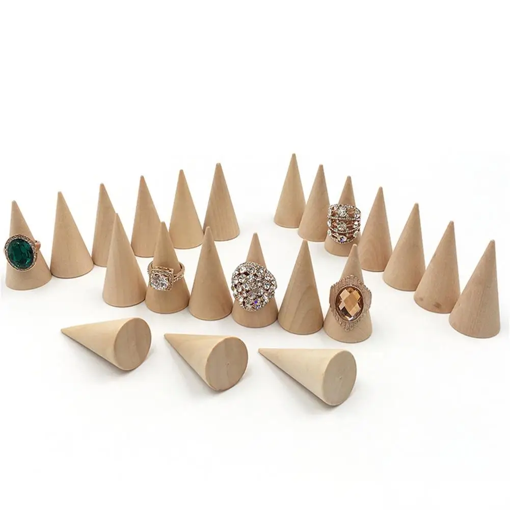 

10pcs Vintage Wooden Ring Display Stand Natural Wood Finger Cone Ring Holder Jewelry Display Organizer Storage Rack Showcase