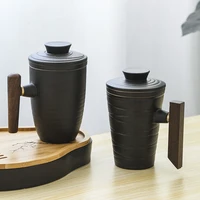 creative handmade black pottery office mug with filter and cover household ceramic cups tea cup coffee milk mug japanese style