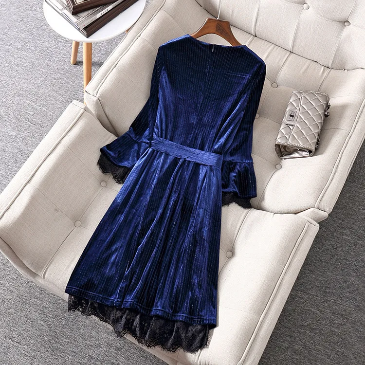 Autumn Winter Navy Blue Casual Velvet Women Long Sleeve Solid Elegant Dress Women Plus Size Dinner Dresses for Women Robe