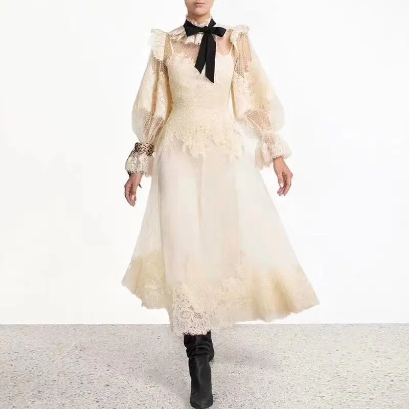 

Stand collar Lantern Sleeve Sweet Bow Lace up Long Dresses Female 2020 Vintage Perspective Dot Mesh Lace Patchwork Dress Women