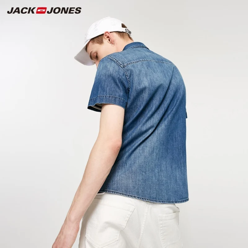 Мужская джинсовая рубашка JackJones приталенная с короткими рукавами в Корейском
