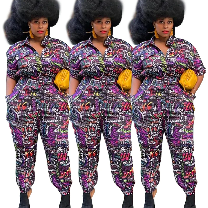 

Best Selling Women Letter Printing Streetwear Jumpsuits Autumn Turn-down Collar Plus Size L-4XL Sashes Pockets Skinny Rompers