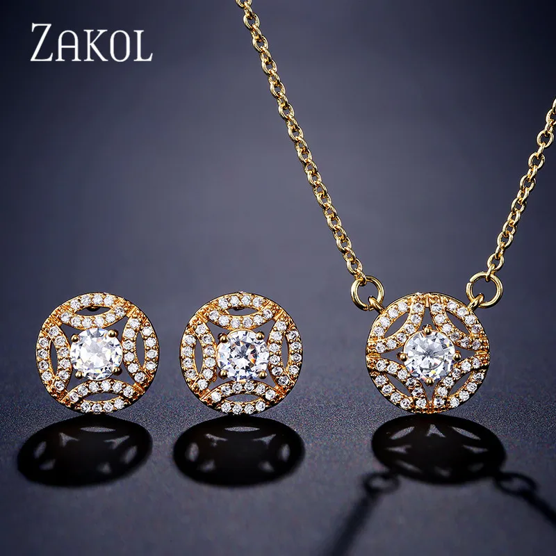 ZAKOL классические круглые серьги с кубическим цирконием ожерелье набор для женщин