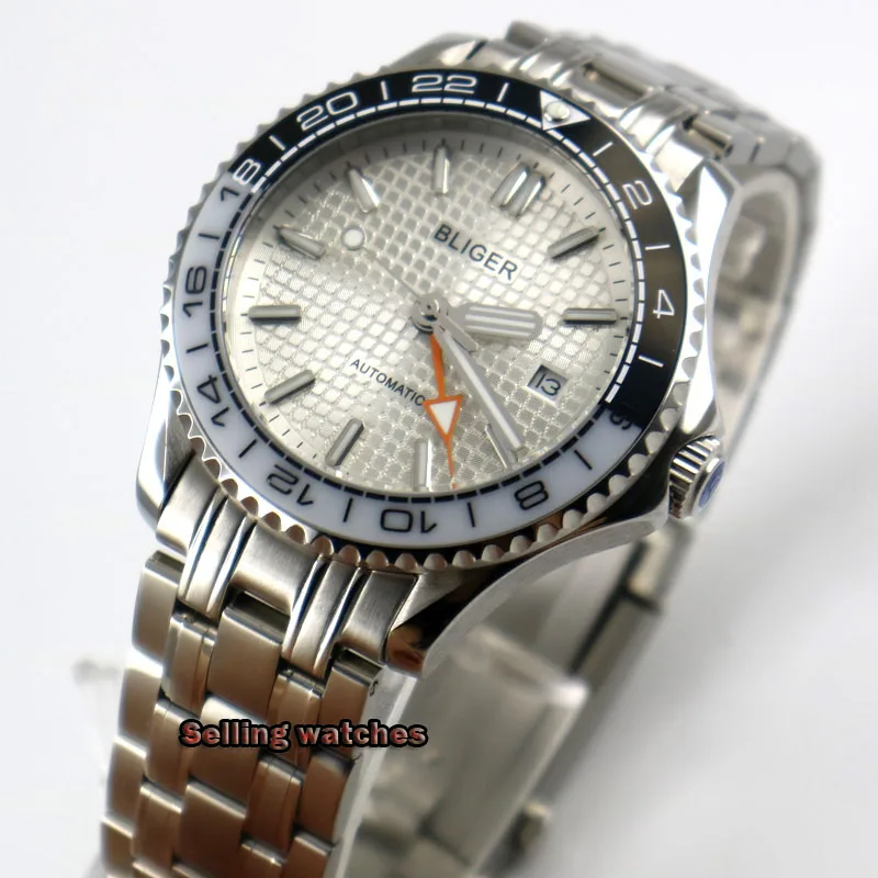 

Bliger 41mm silver case sapphire glass ceramic bezel gray dial luminous waterproof stainless steel men's top GMT automatic watch