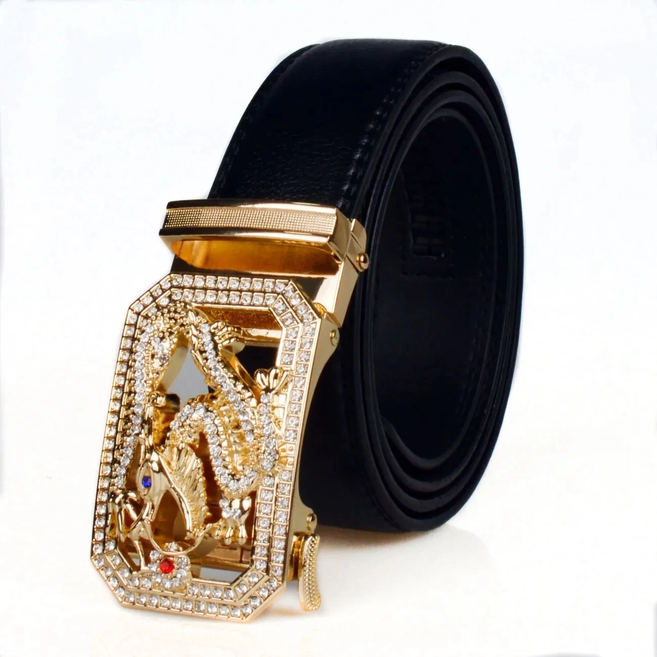 

Designer Dragon Auto Buckle Belt Men PU Leather Jean Belts Chinese Zodiac Animal Belts for Man Diamond Studded Buckle Belts