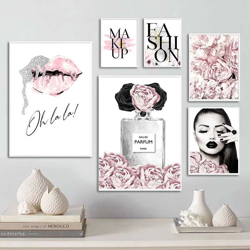 

Canvas Painting Sliver Lips Makeup Wall Art Pink Flower Perfume Fashion Lady Poster And Print Modern Girl Room Decor (No Frame)