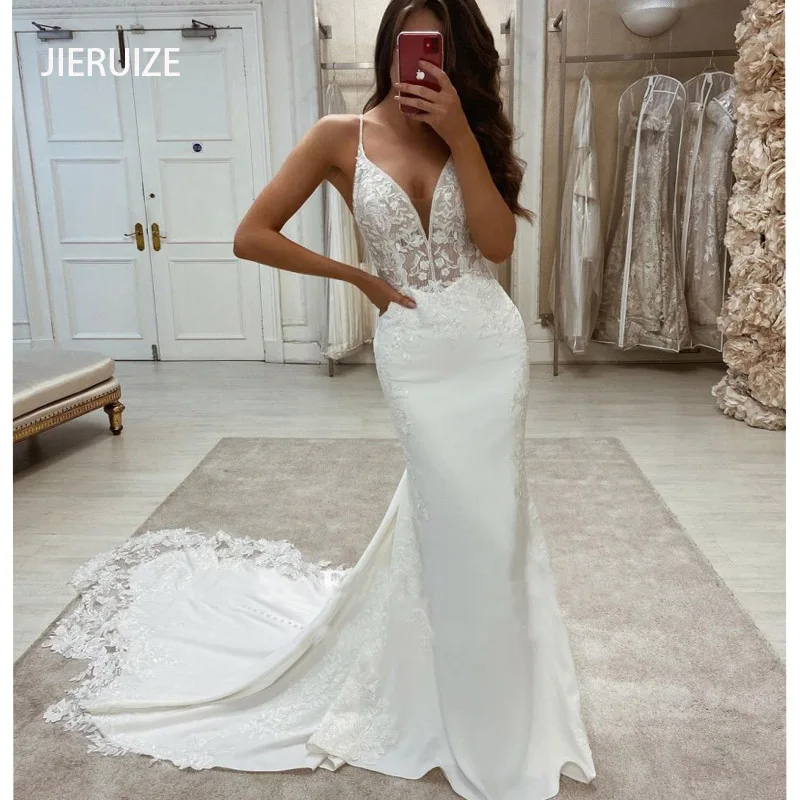 

JIERUIZE Lace Appliques Mermaid Luxury Wedding Dresses Deep V-neck Spaghetti Straps Sexy Boho Bridal Gowns Robe De Mariee