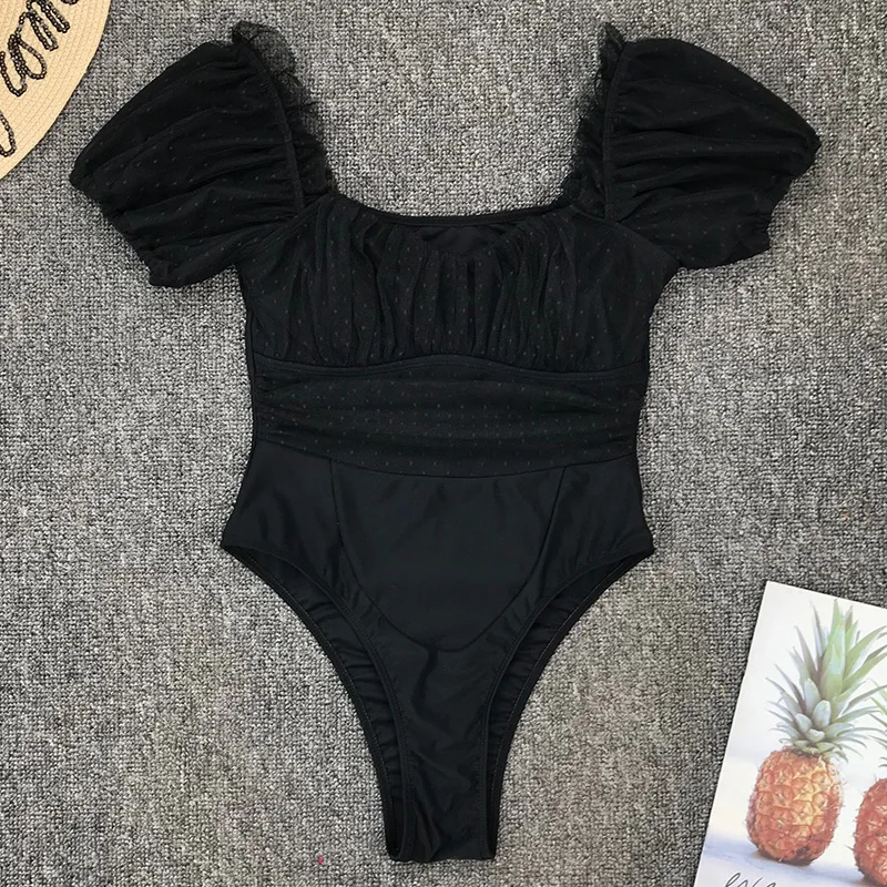 2020 Новый сексуальный черный сетчатый гофрированный Монокини женский квадратный