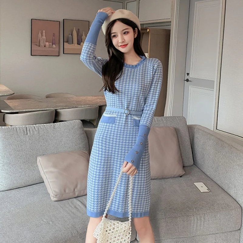 

Женское трикотажное платье-свитер, подиумное классическое винтажное приталенное платье-свитер в Корейском стиле, с пуговицами, весна-осень