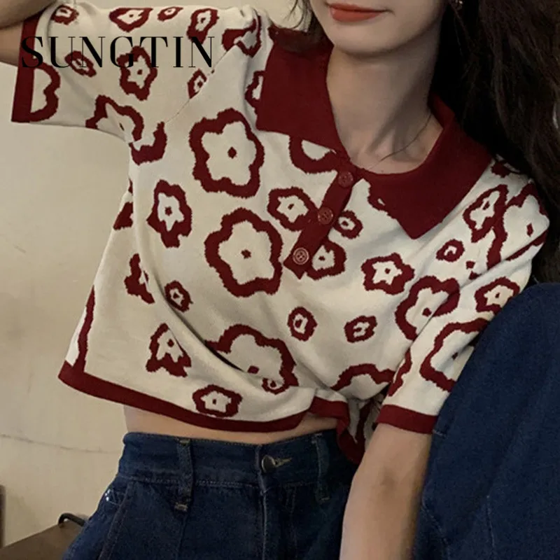 Sungtin элегантные милые цветочные Вязаные Короткие рубашки женские винтажные
