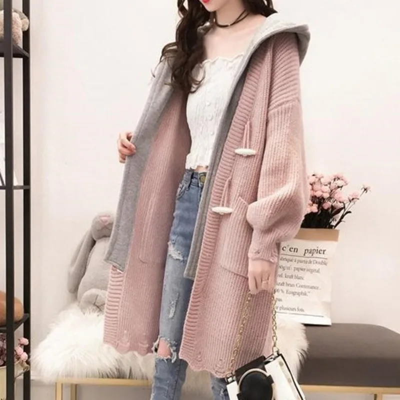 

SHENGPALAE 2021 Winter Women's sweater coat New Loose Horn Button Versatile Long Sleeve Patchwork Hoodie Knitted Cardigan 8D988