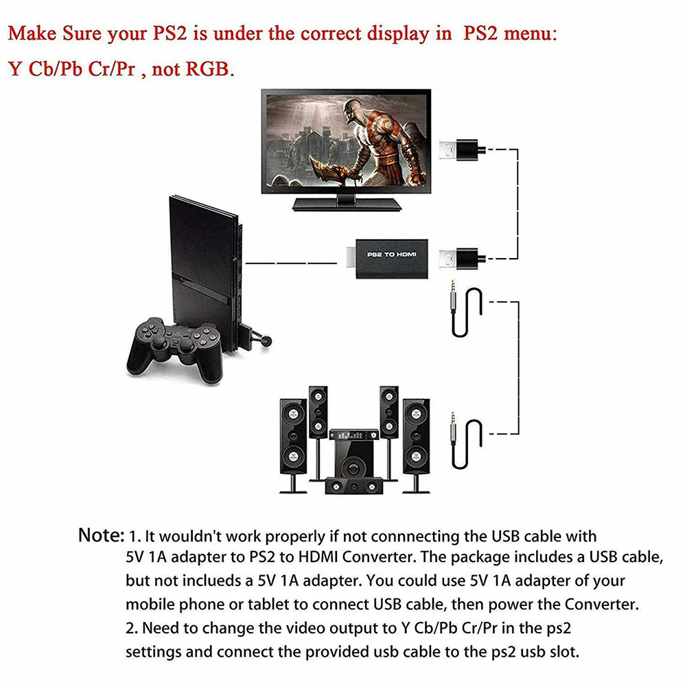 For PS2 to HDMI Audio Video Converter Adapter Portable AV Cable USB 5V Input JHP-Best | Электроника