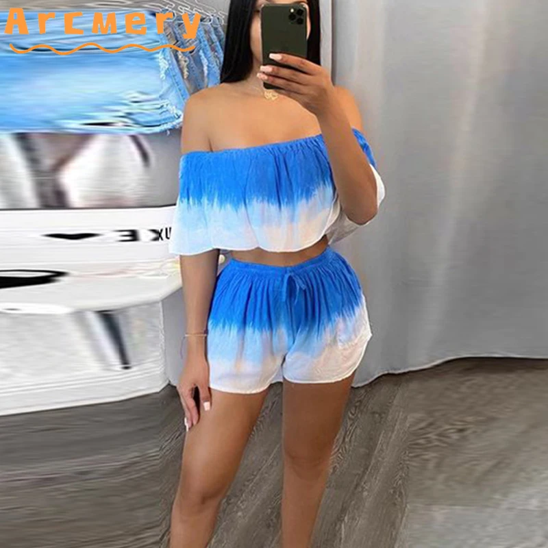 

Two Piece Casual Summer Suits Off Shoulder Tube Top & Loose Shorts Set