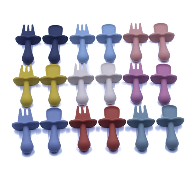 

2pcs/lot Baby Training Fork Spoon Set Soft Silicone Teether Feeding Flatware Set Safe Training Spoon For Baby Girls Boys H3CD