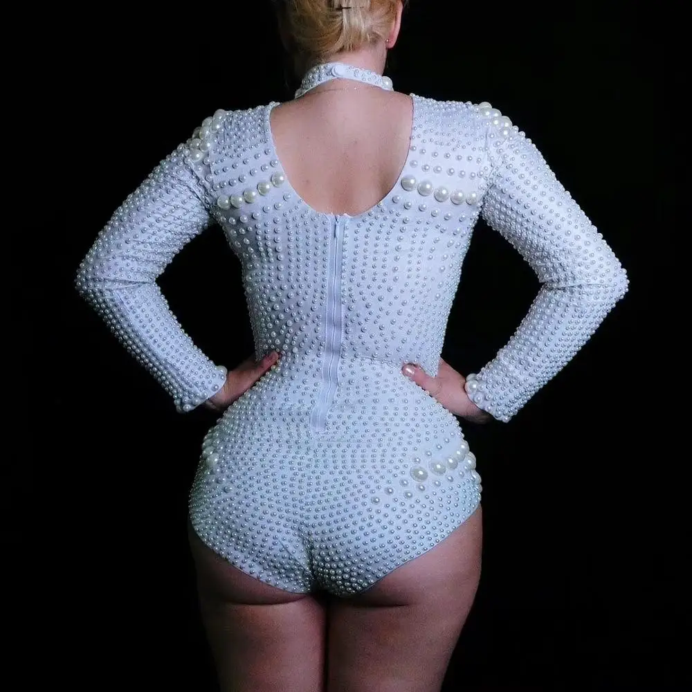 White Pearls Tight-fitting Bodysuit Long Sleeve Elastic Beads Bodysuits Sexy Singer Dancer Leotard Stage Wear Nightclub Costumes