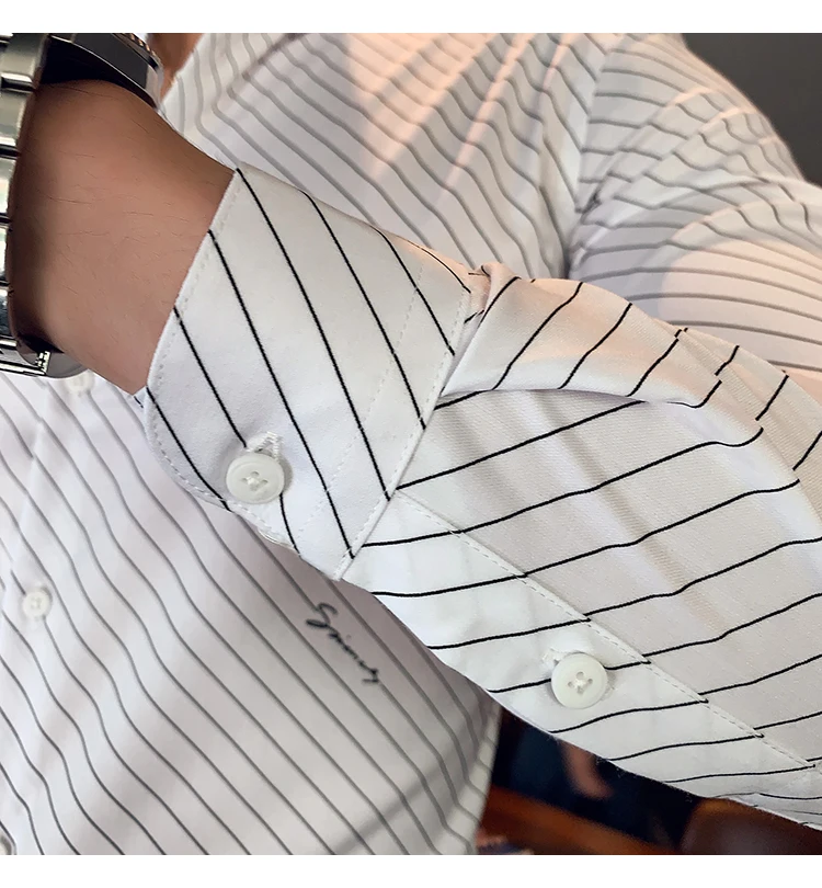 Chemise Homme британский стиль Для мужчин рубашка в полоску с длинными рукавами, высокое качество, отложной воротник, деловая, общественная рубашки Для мужчин клубный костюм-смокинг
