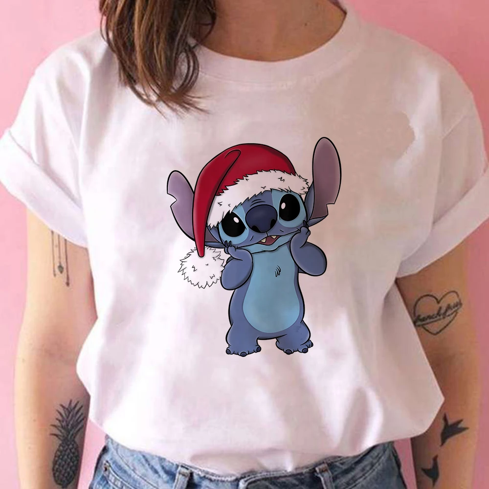 

Kawaii Christmas Lilo And Stitch Print Clothes Creative Breathable Short Sleeve Harajuku Women's Disney Crewneck Mujer T-shirt