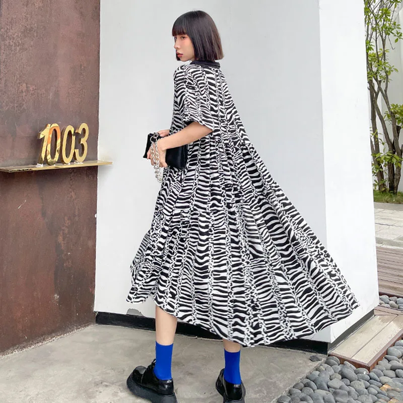 

SeeBeautiful Striped Printed Irregular Loose A-line Dress V-neck Short Sleeve Contrast Color New Fashion Summer 2021 Women E395