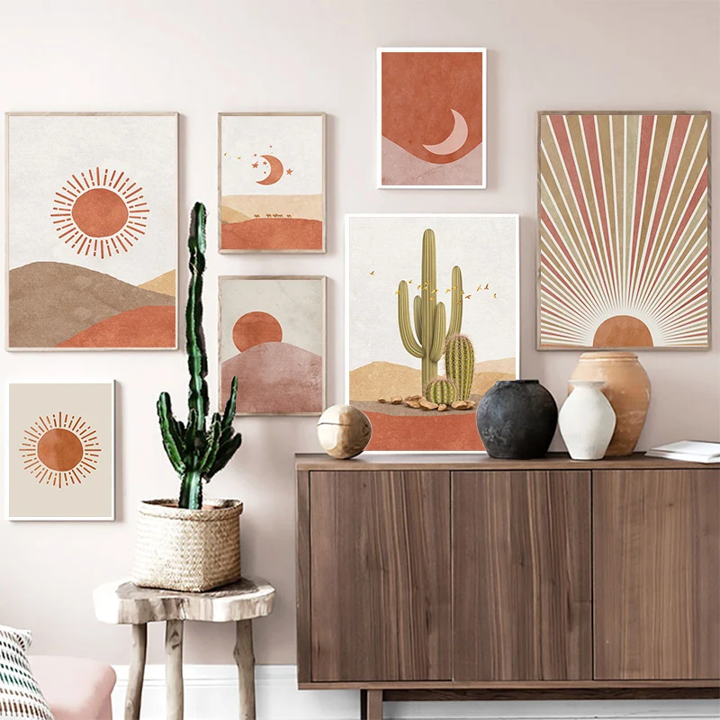 

Abstract Boho Canvas Painting Poster Print Sun and Moon Landscape Scene Wall Art Cactus Nordic Decoration Desert Wall Picture