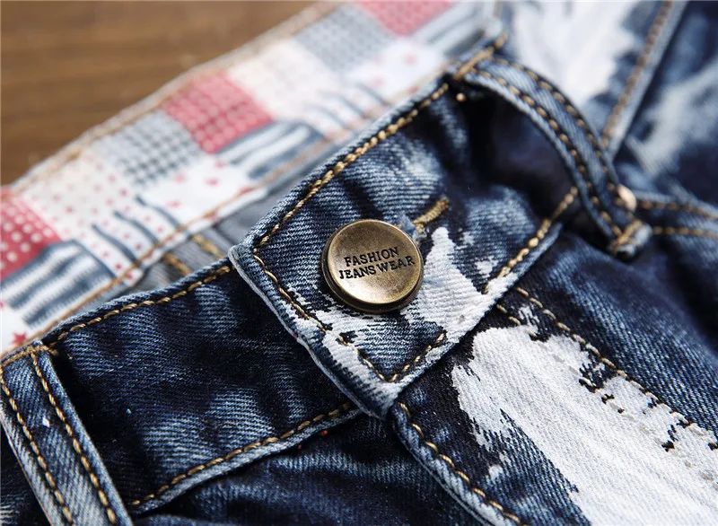 

Autumn and Winter New Small Straight Embroidered Flag Badge Paint Men's Slim Non-stretch Jeans Trend Men's Pants 896