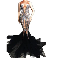 black voile long tailing women dresses sleeveless birthday prom party stage wear nightclub singer dancer performance costume