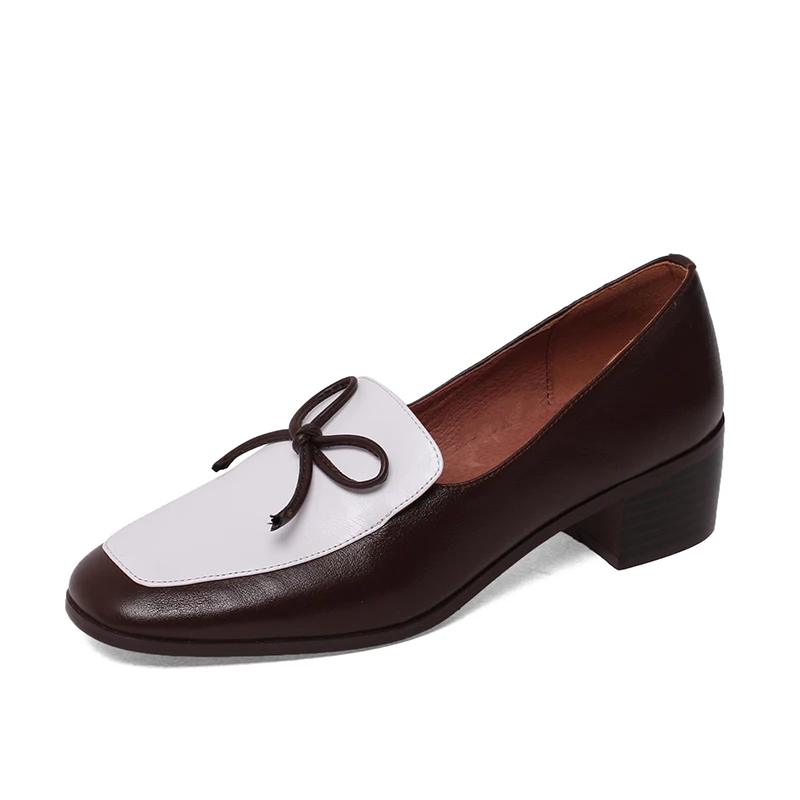 

Mature 2021 Spring Autumn New Contrast Color Women Pumps Block Med Heels Natural Genuine Leather Shoes Office Lady Knot