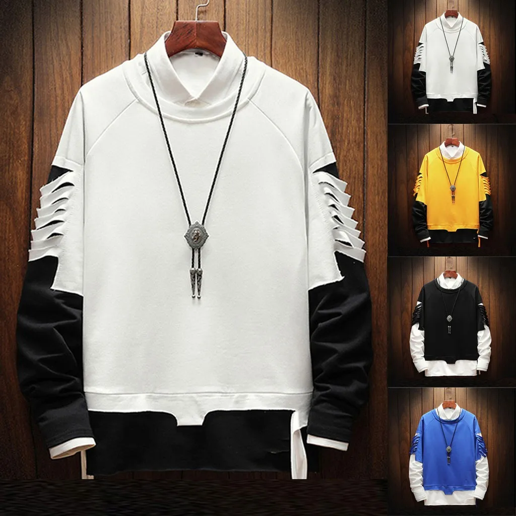 

Vogue Hip Hop Brand Casual Round Neck Sweatshirt High Quality Splicing And Cutting Thin Strip Sweatshirts Male Fashion