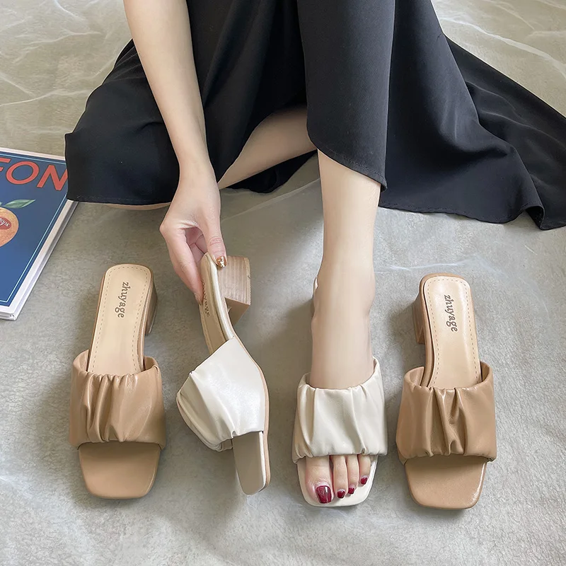 

Shoes Women Shallow Med Slippers Summer Pantofle Slides Soft 2021 PU Pleated Concise Hoof Heels Shallow Shoes Slippers Women Su
