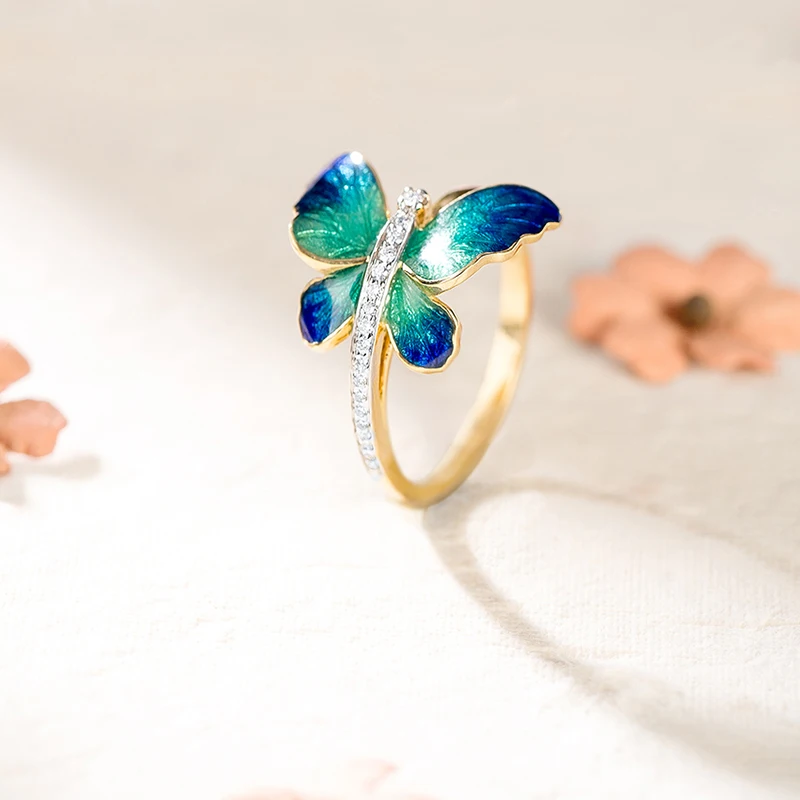 

Fashion Cute Flying Butterfly Rings For Women Luxury Yellow Gold Color Blue Oil Painting CZ Crystal Wedding Rings Gift Z3M466