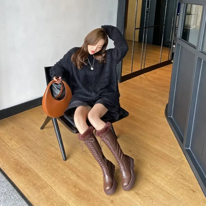 Женские сапоги до колена на платформе молнии с мехом Размеры 33-43 | Обувь