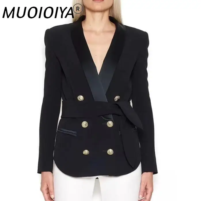 

Женский винтажный двубортный Блейзер, элегантный подиумный дизайнерский пиджак с длинным рукавом и поясом