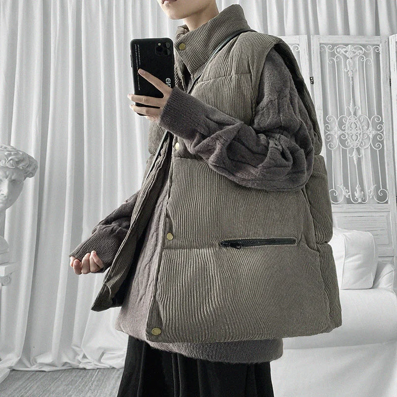 

Corduroy Stand-up Collar Waistcoat Cotton-padded Jacket Vest Trendy Solid Autumn Winter Warm Thick Sleeveless Coat Men's Clothes