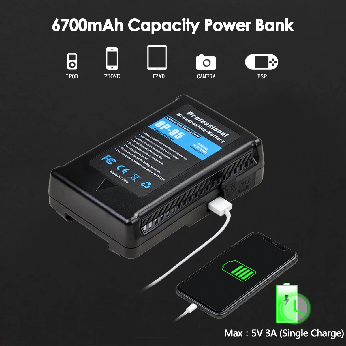 Аккумулятор Batmax BP-95/BP-150 V-образный с V-образным креплением для светильник Sony