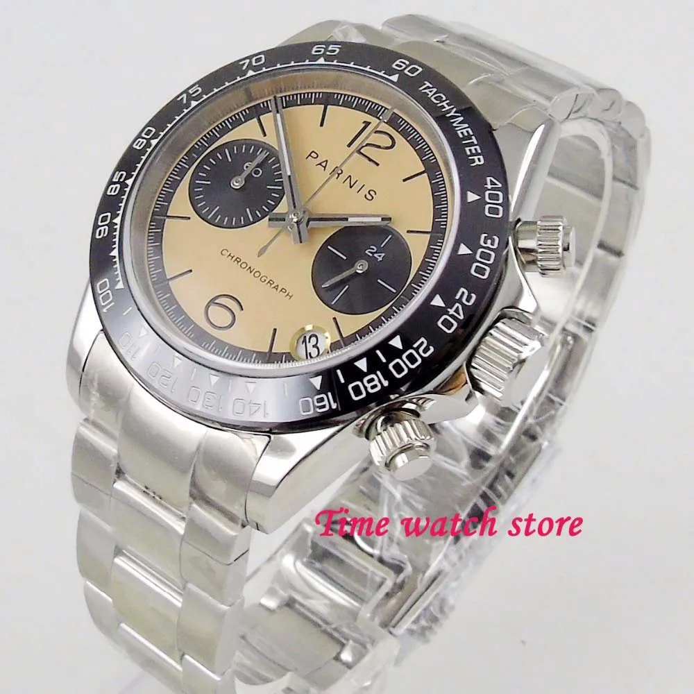

Parnis 39mm Quartz watch men waterproof steel 24 hours Chronograph brown dial luminous sapphire black bezel stop wrist 1198