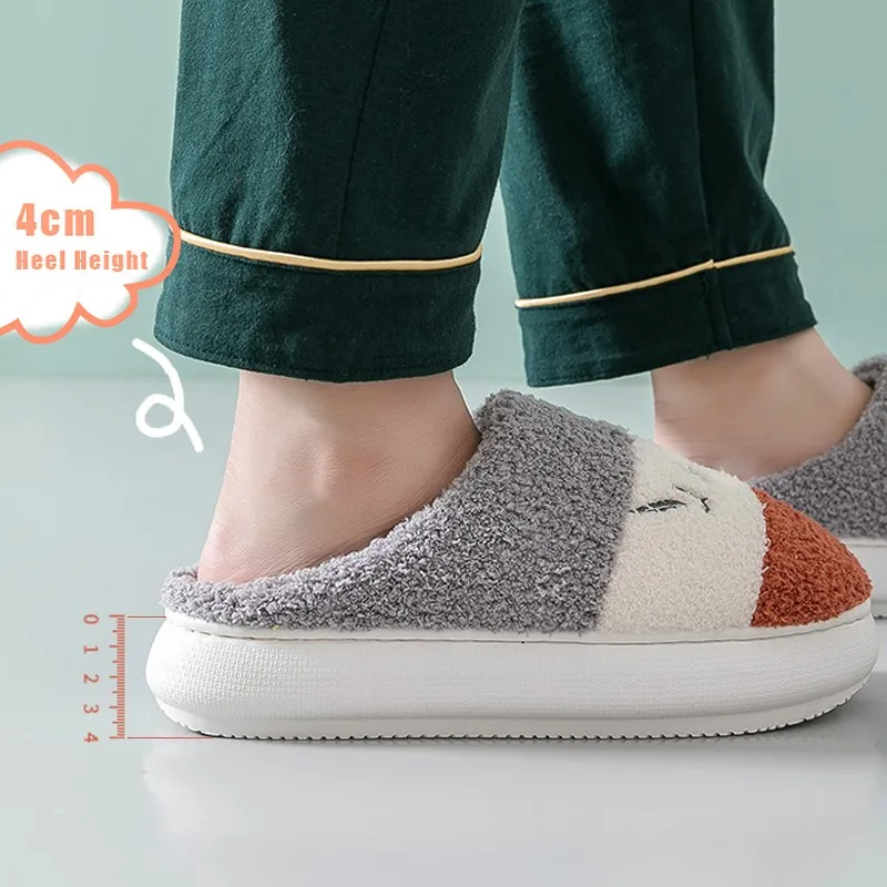 

Women Men Fluffy Slippers 4cm High Heels Winter Warm Fur Shoes Ladies Couples Flowers Bear Thick Sole Home Indoor Girls Slides