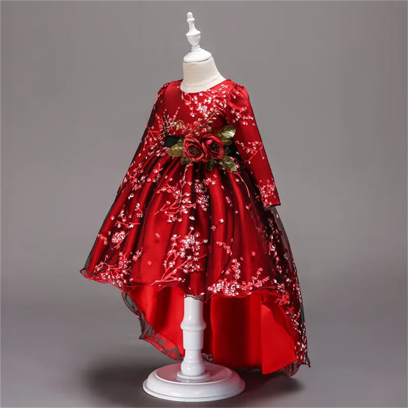 

Girl princess dress wedding Embroidery girl irregular print birthday party bow dress autumn winter Trailing flower girl dress